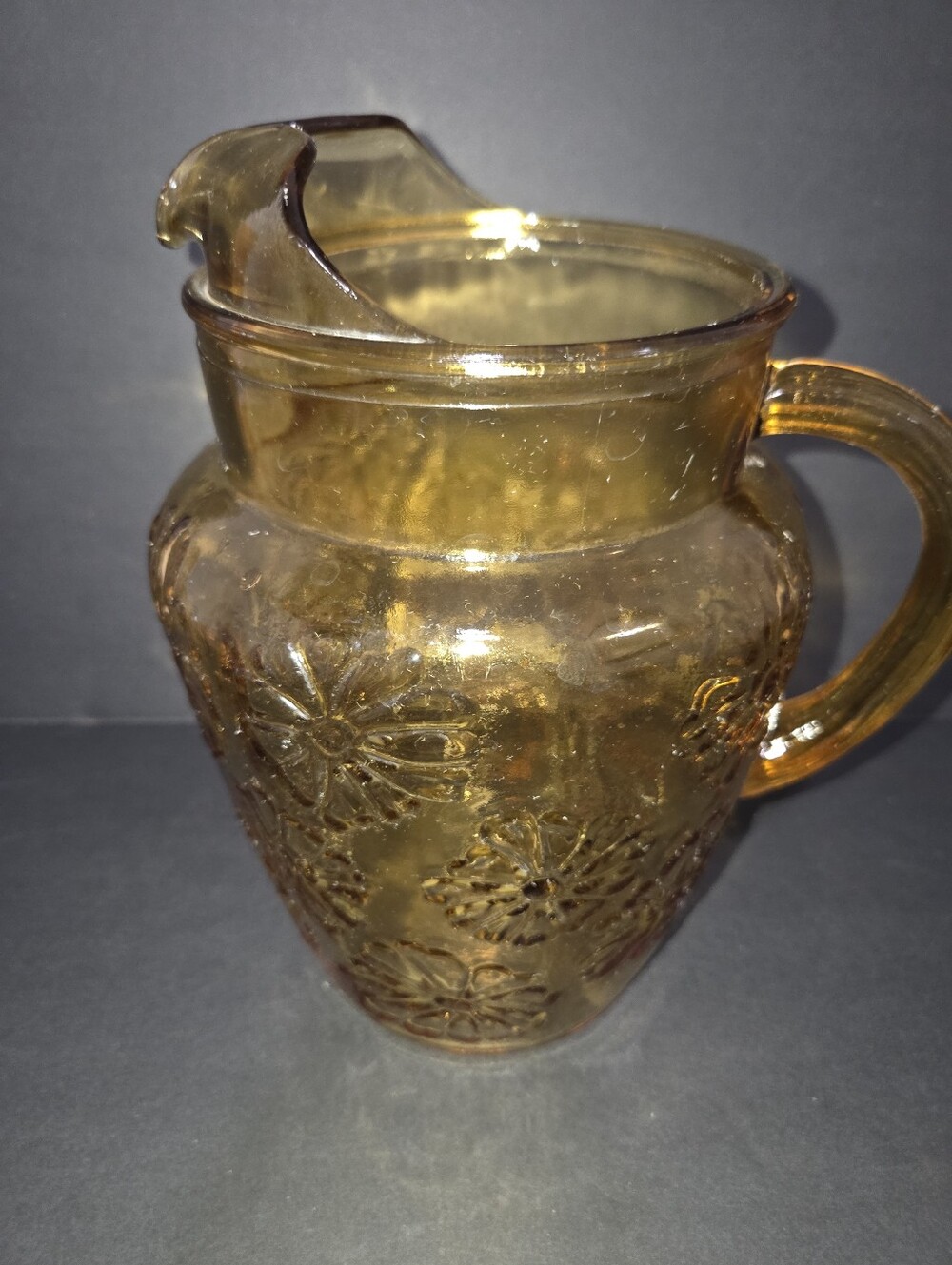 Vintage Anchor Hocking 1960s Spring Song Yellow Amber Daisy Glass Tea Pitcher